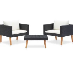 vidaXL 3-delige Loungeset met kussens poly rattan zwart