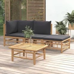 vidaXL 4-delige Loungeset met kussens bamboe donkergrijs