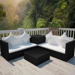 vidaXL 4-delige Loungeset met kussens poly rattan zwart