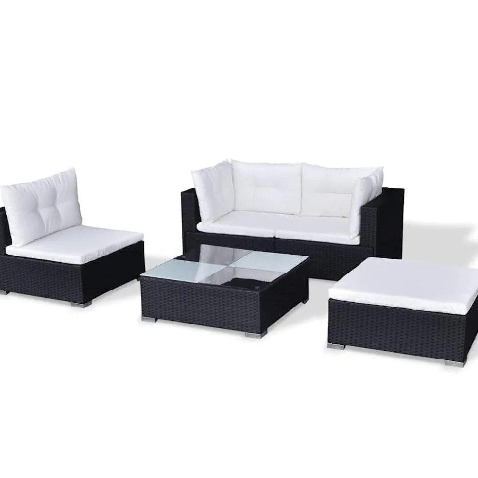 vidaXL 5-delige Loungeset met kussens poly rattan zwart