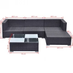 vidaXL 5-delige Loungeset met kussens poly rattan zwart