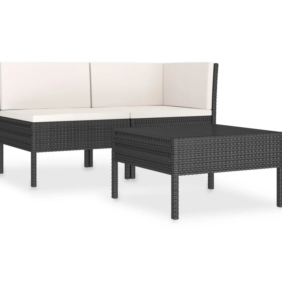 vidaXL 3-delige Loungeset met kussens poly rattan zwart