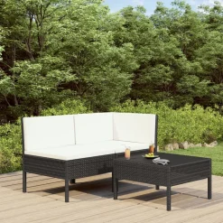 vidaXL 3-delige Loungeset met kussens poly rattan zwart