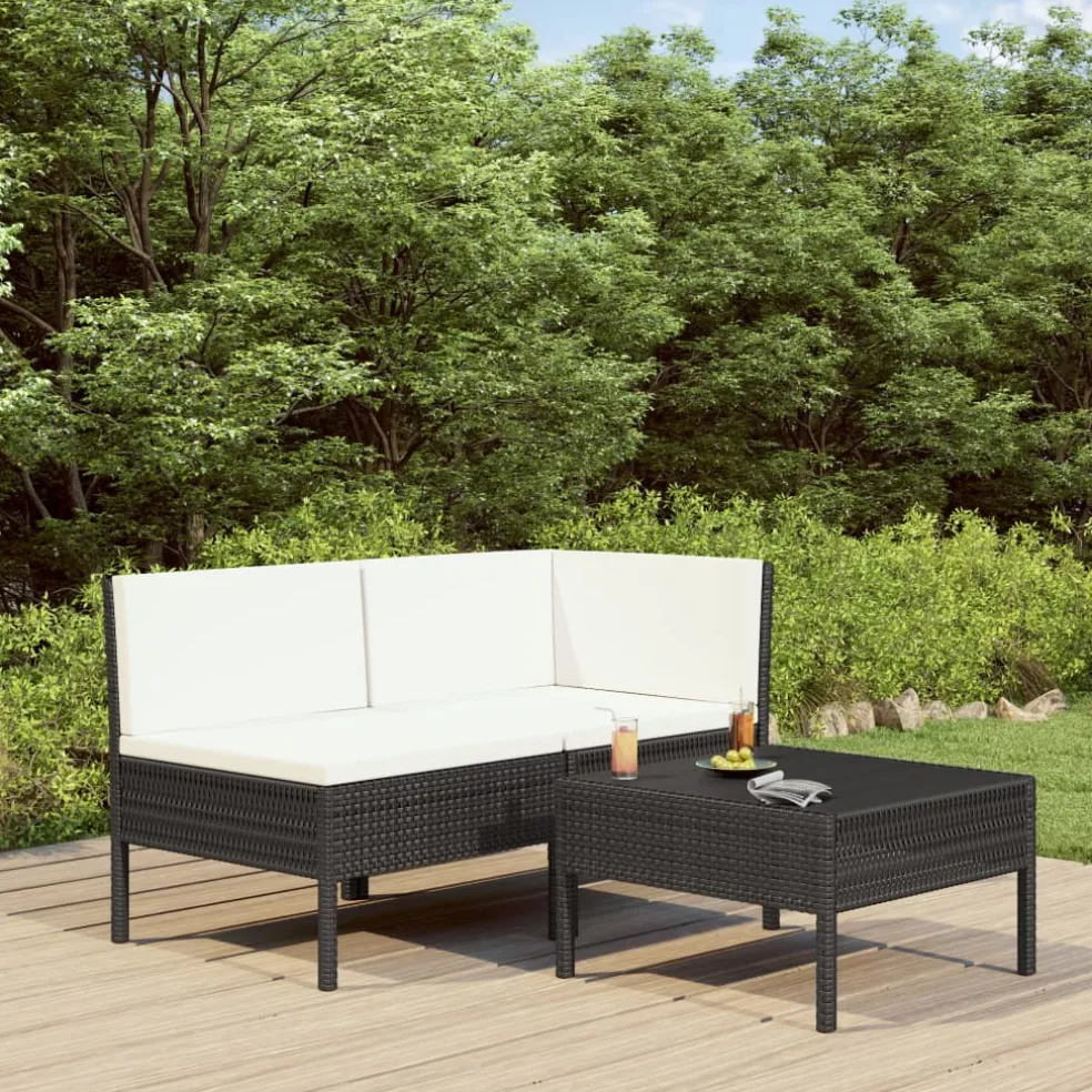 vidaXL 3-delige Loungeset met kussens poly rattan zwart