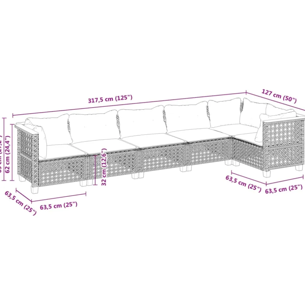 vidaXL 6-delige Loungeset met kussens poly rattan zwart