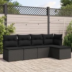 vidaXL 5-delige Loungeset met kussens poly rattan zwart