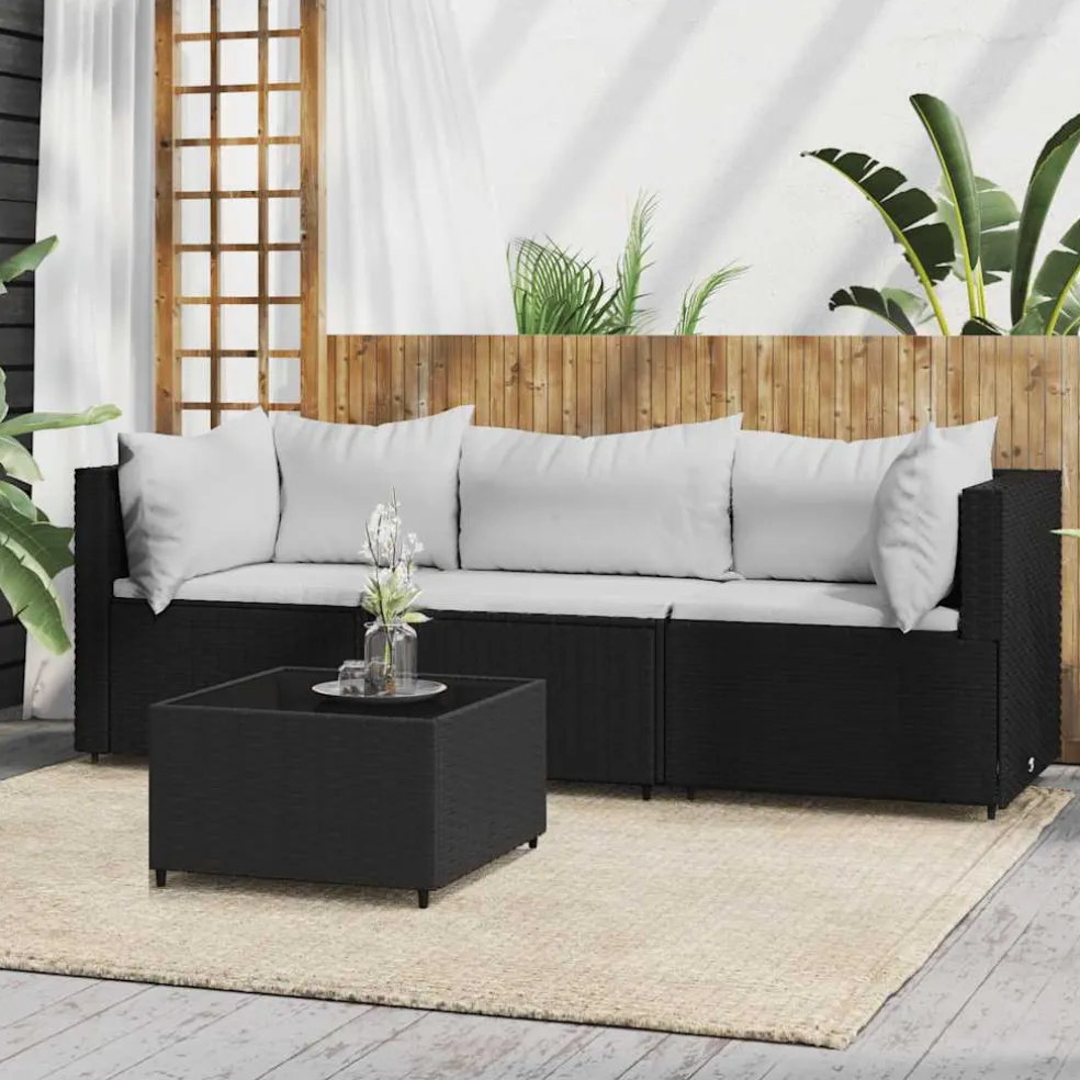 vidaXL 4-delige Loungeset met kussens poly rattan zwart