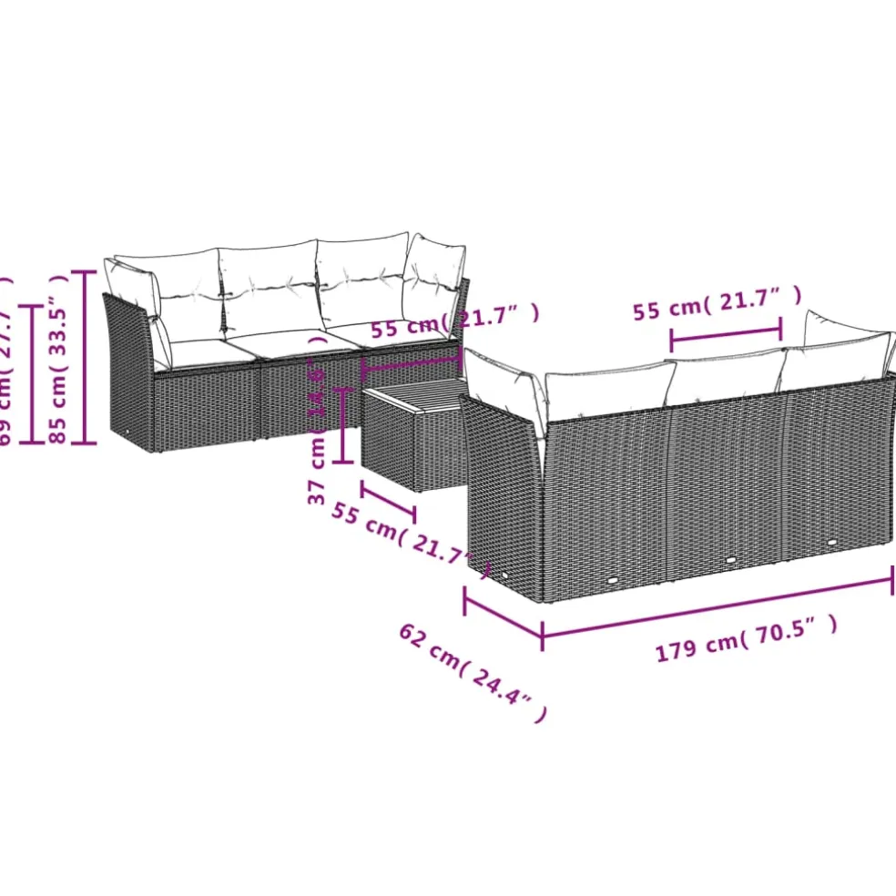 vidaXL 7-delige Loungeset met kussens poly rattan zwart