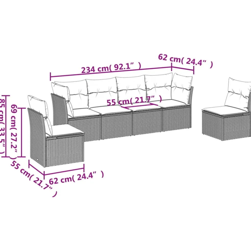 vidaXL 6-delige Loungeset met kussens poly rattan beige