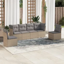 vidaXL 6-delige Loungeset met kussens poly rattan beige