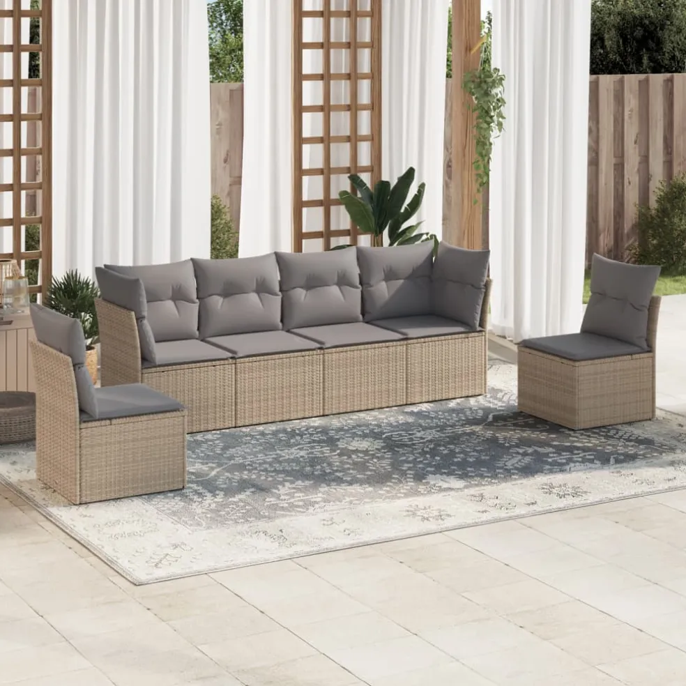 vidaXL 6-delige Loungeset met kussens poly rattan beige