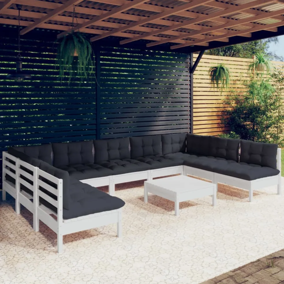 vidaXL 10-delige Loungeset met kussens massief grenenhout wit