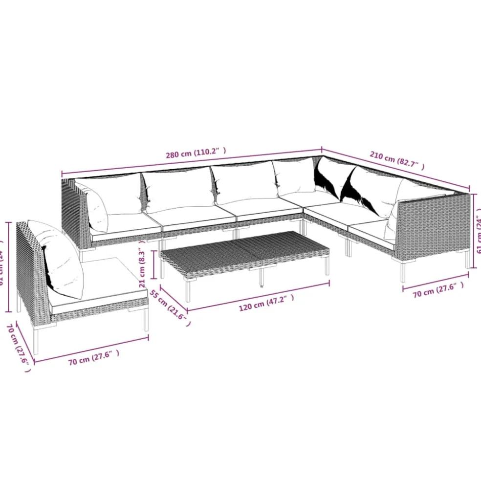 vidaXL 8-delige Loungeset met kussens poly rattan donkergrijs