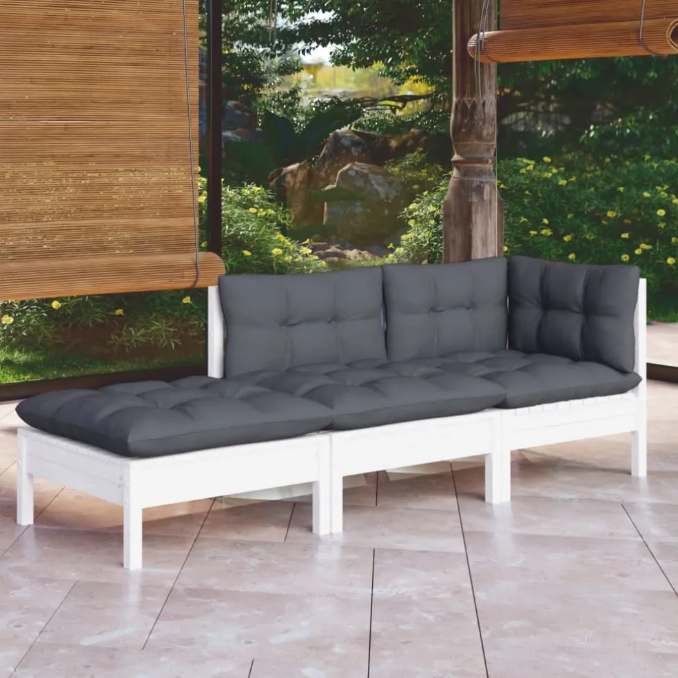 vidaXL 3-delige Loungeset met kussens massief grenenhout