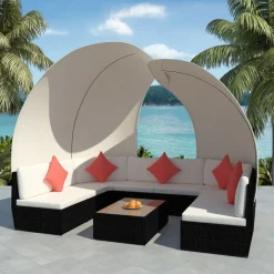 vidaXL 9-delige Loungeset met luifels poly rattan zwart