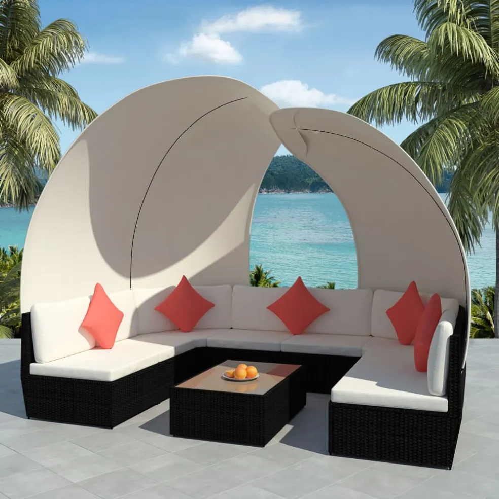 vidaXL 9-delige Loungeset met luifels poly rattan zwart