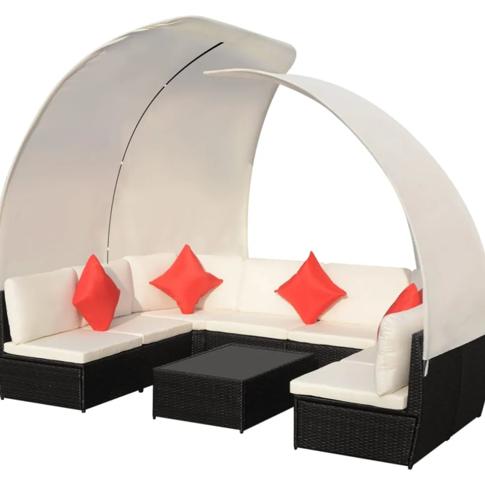 vidaXL 9-delige Loungeset met luifels poly rattan zwart