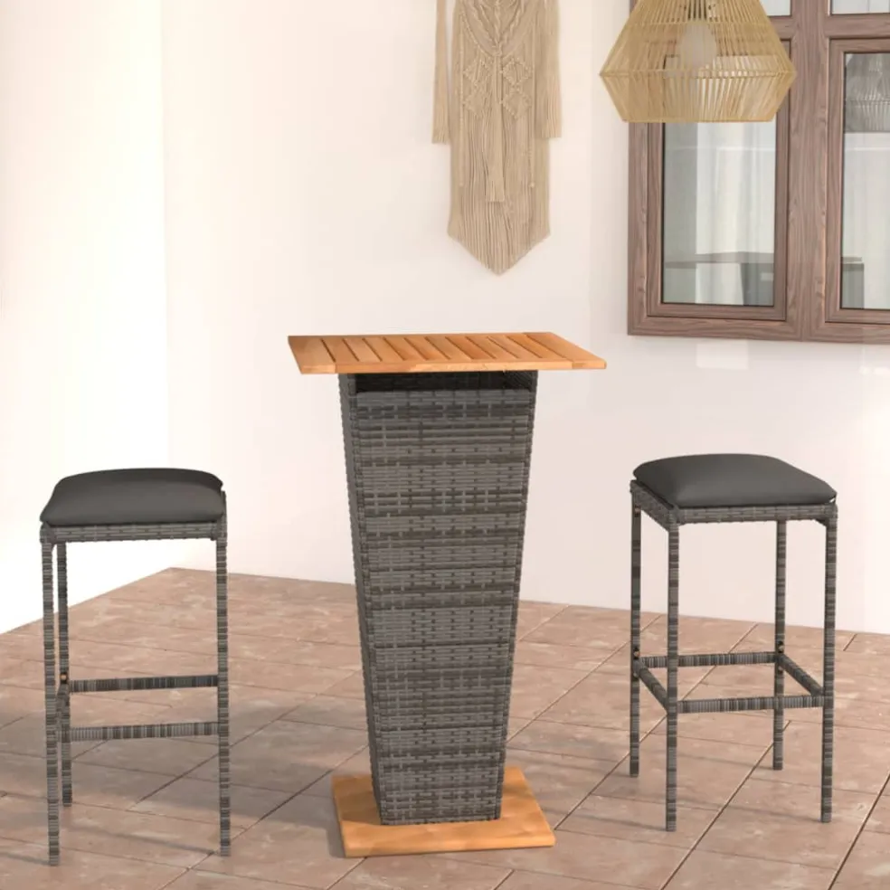 vidaXL 3-delige Tuinbarset met kussens poly rattan grijs