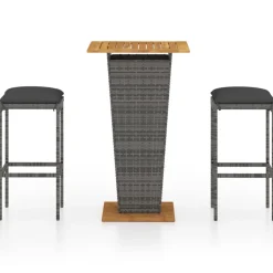 vidaXL 3-delige Tuinbarset met kussens poly rattan grijs