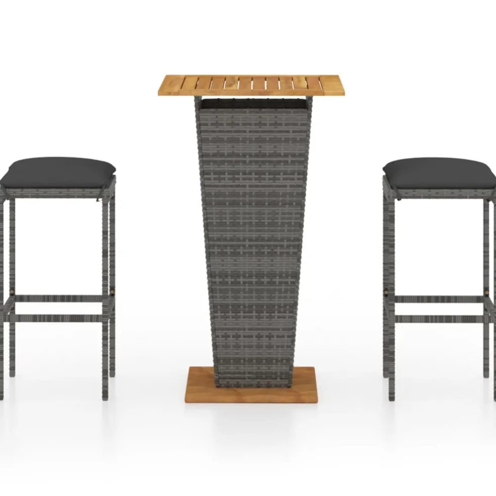 vidaXL 3-delige Tuinbarset met kussens poly rattan grijs