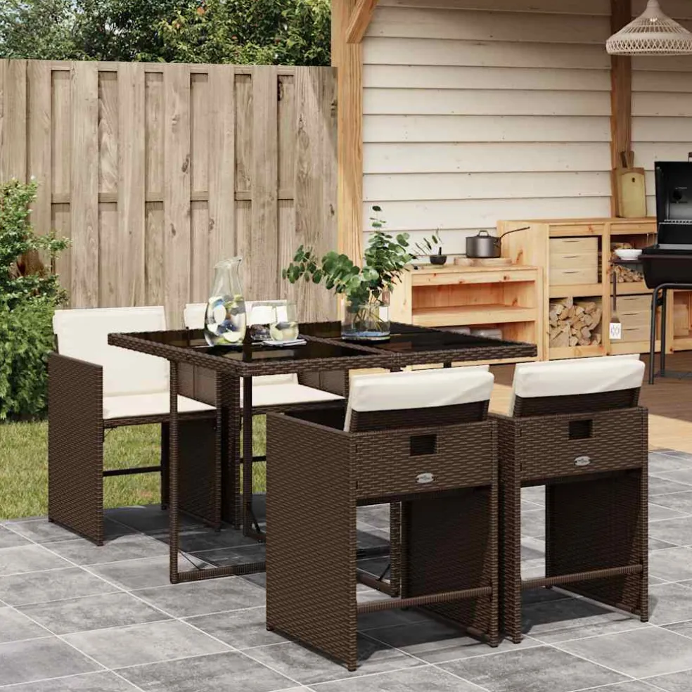 vidaXL 5-delige Tuinset met kussens poly rattan bruin
