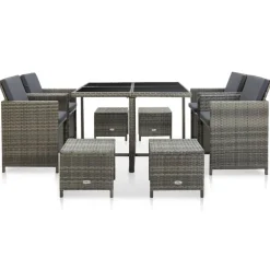 vidaXL 9-delige Tuinset met kussens poly rattan grijs