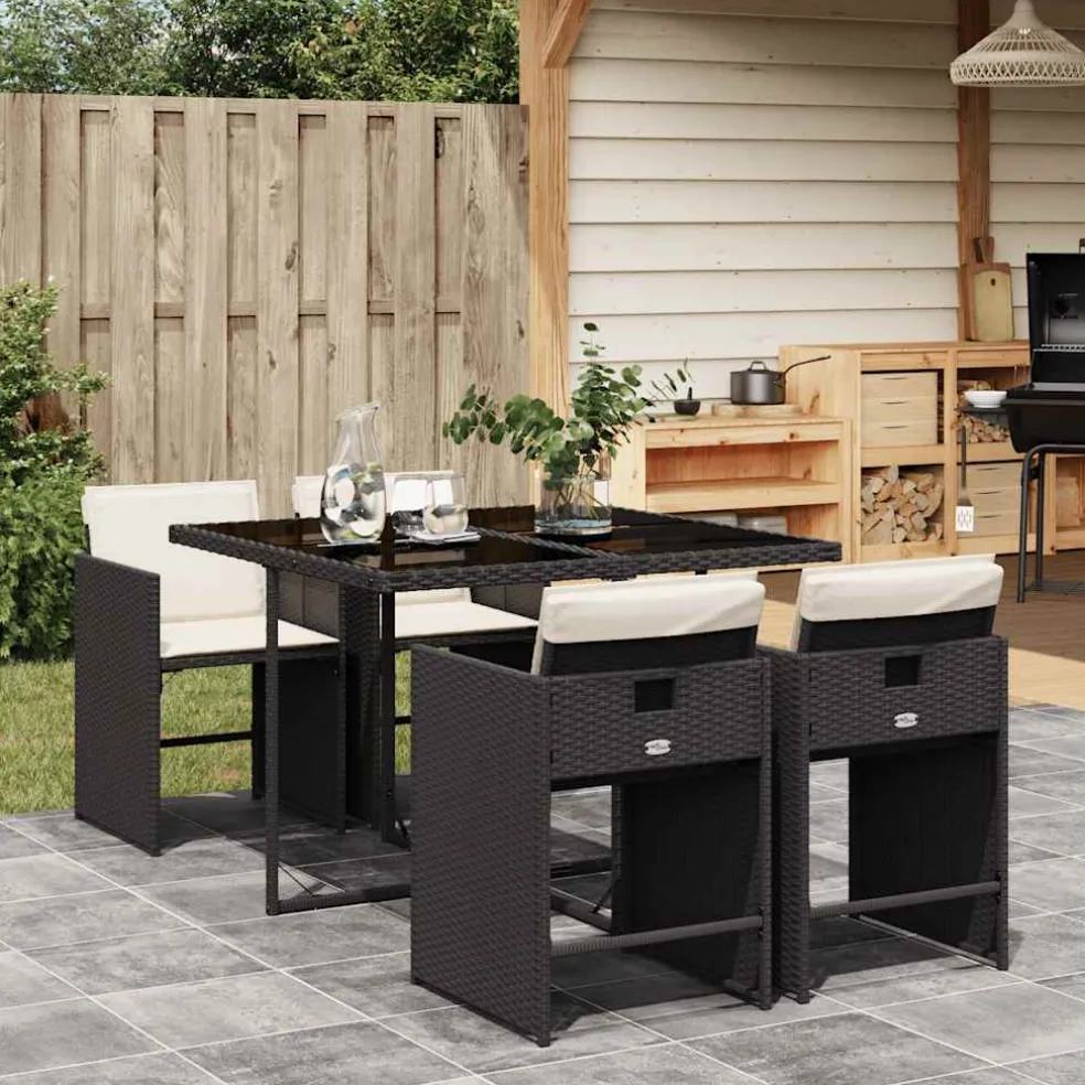 vidaXL 5-delige Tuinset met kussens poly rattan zwart
