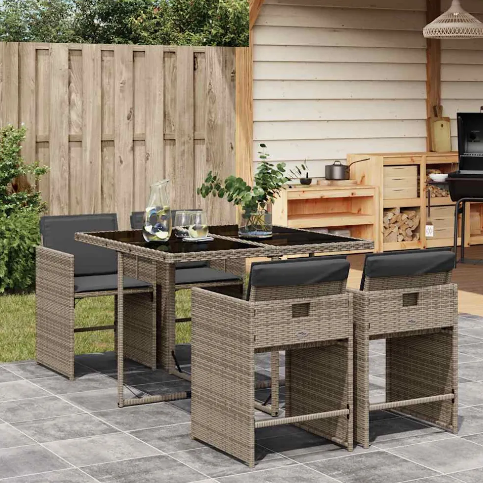 vidaXL 5-delige Tuinset met kussens poly rattan grijs