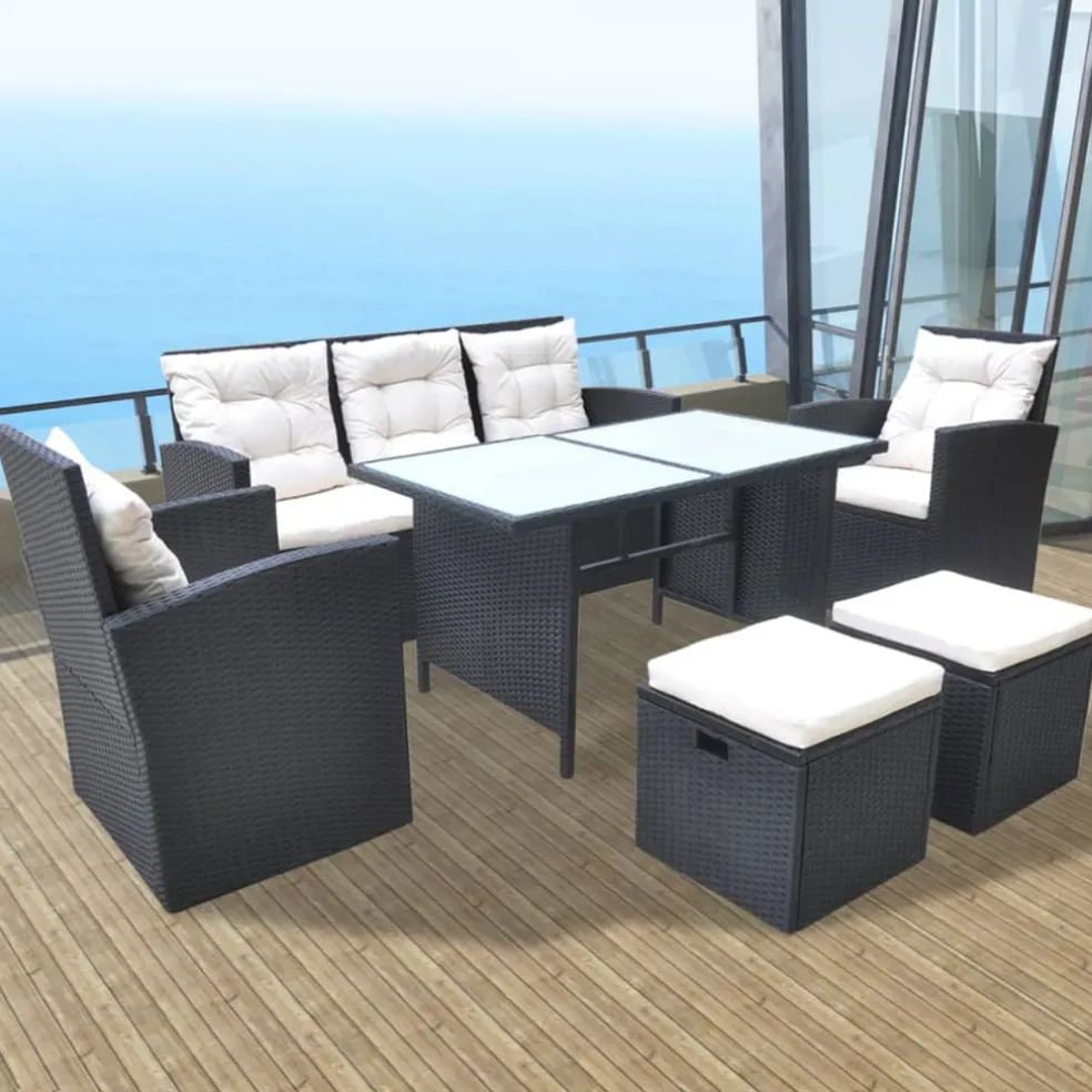 vidaXL 6-delige Tuinset met kussens poly rattan zwart