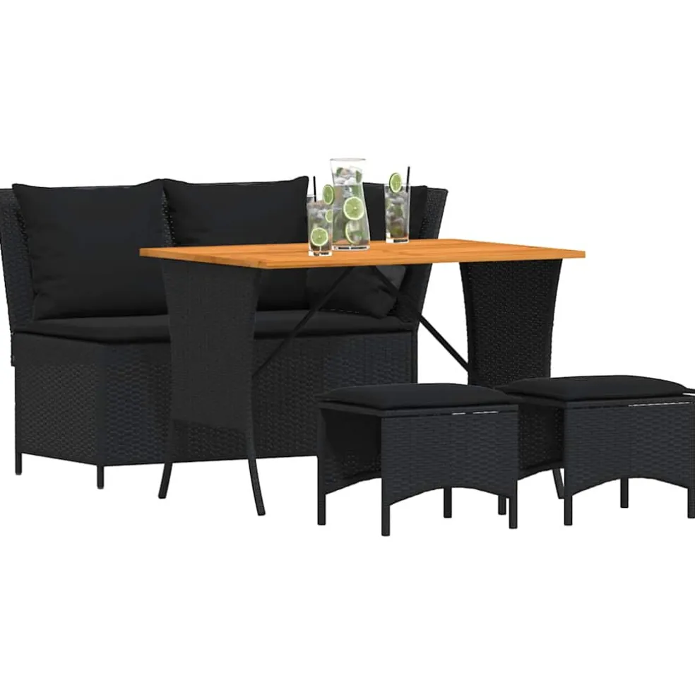 vidaXL 4-delige Tuinset met kussens poly rattan zwart