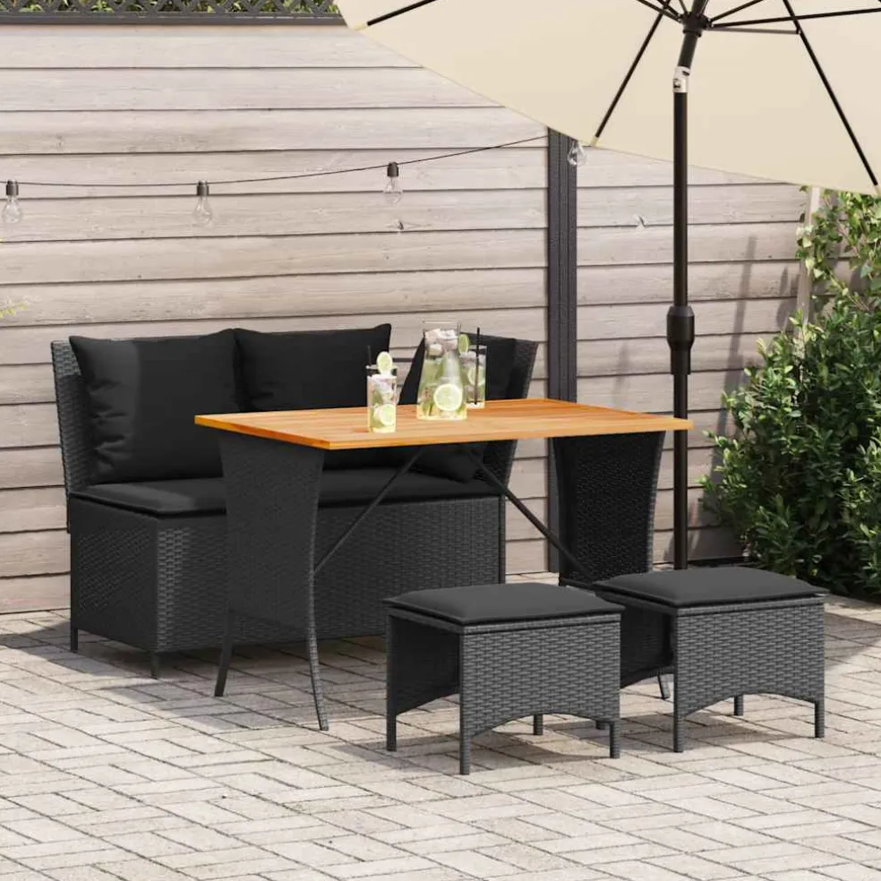 vidaXL 4-delige Tuinset met kussens poly rattan zwart