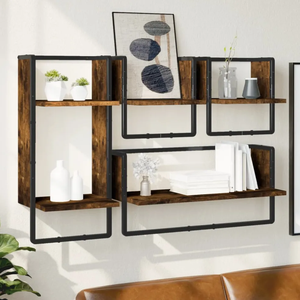 vidaXL 4-delige Wandschappenset met stangen bewerkt hout gerookt eiken