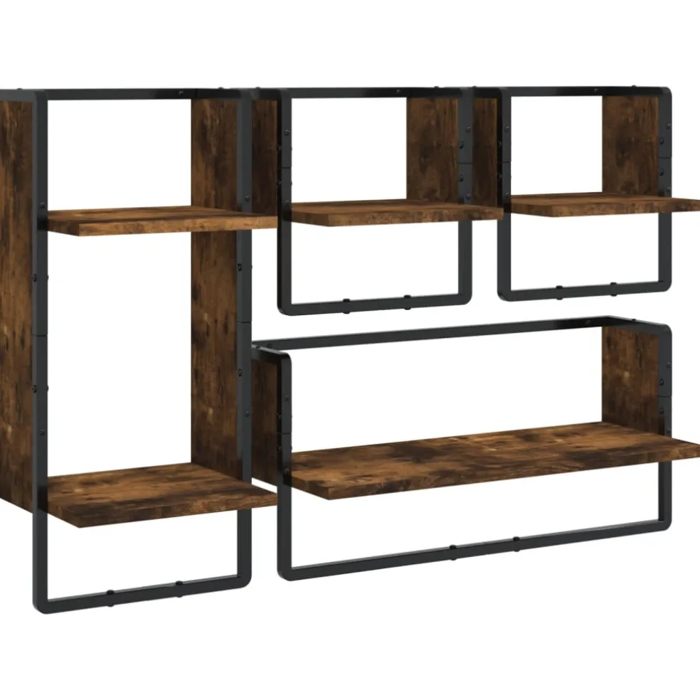 vidaXL 4-delige Wandschappenset met stangen bewerkt hout gerookt eiken
