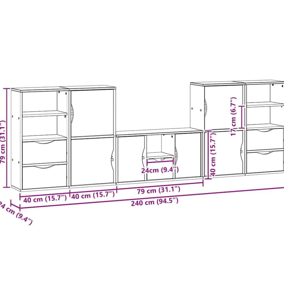 vidaXL 5-delig Tv-meubel met opbergruimte ODDA massief grenenhout wit