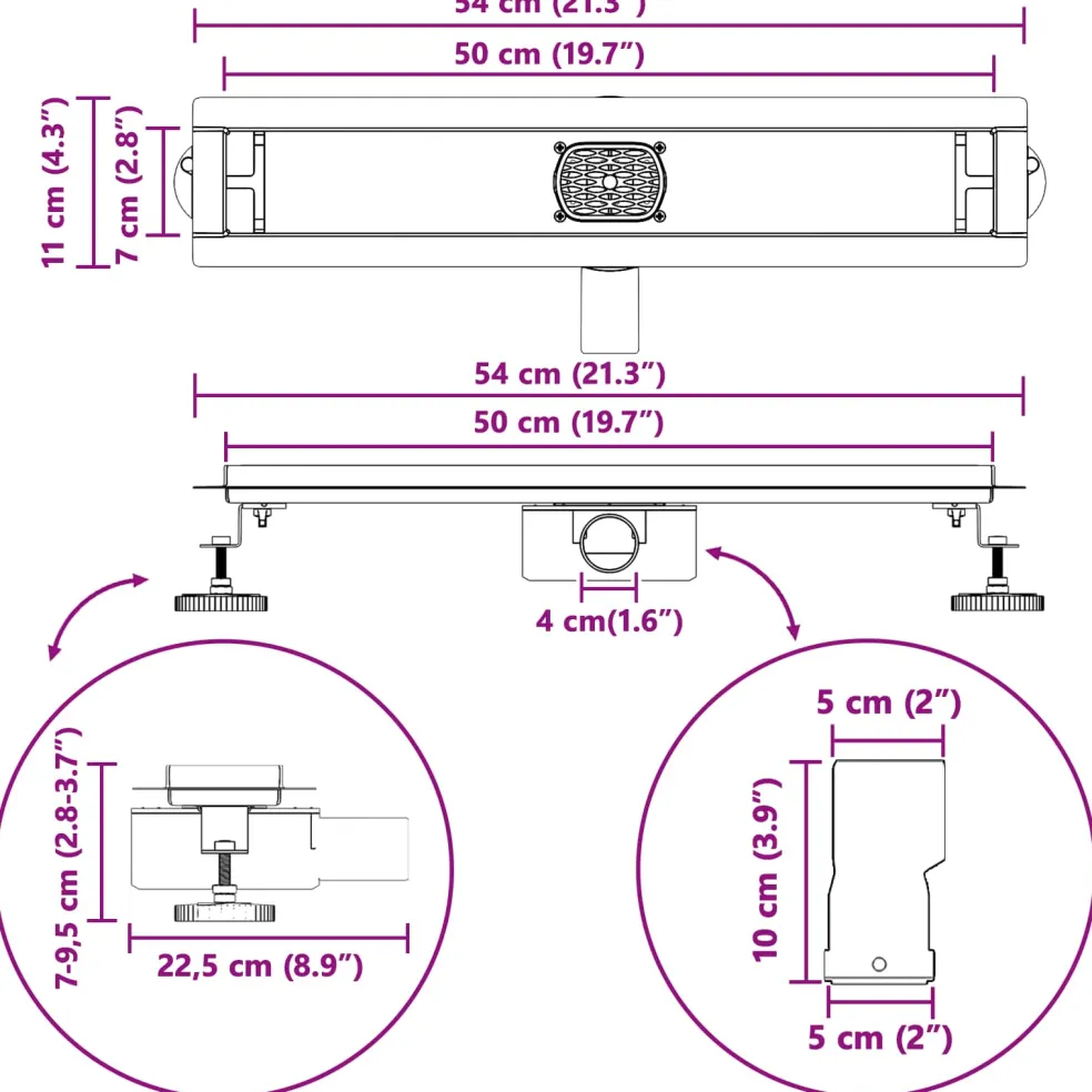 vidaXL Doucheafvoer Glasdeksel met 360° Sifon Zwart 50 cm
