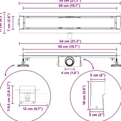 vidaXL Doucheafvoer met Glazen Deksel Zwart 50 cm Roestvrij staal 304