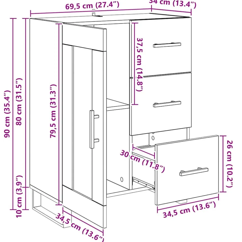 vidaXL Dressoir Artisan Eiken 69,5 x 34 x 90 cm