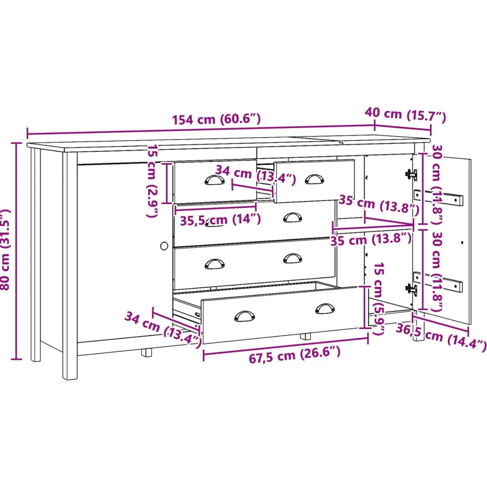 vidaXL Dressoir HILL Honingbruin 154 x 40 x 80 cm Massief grenenhout