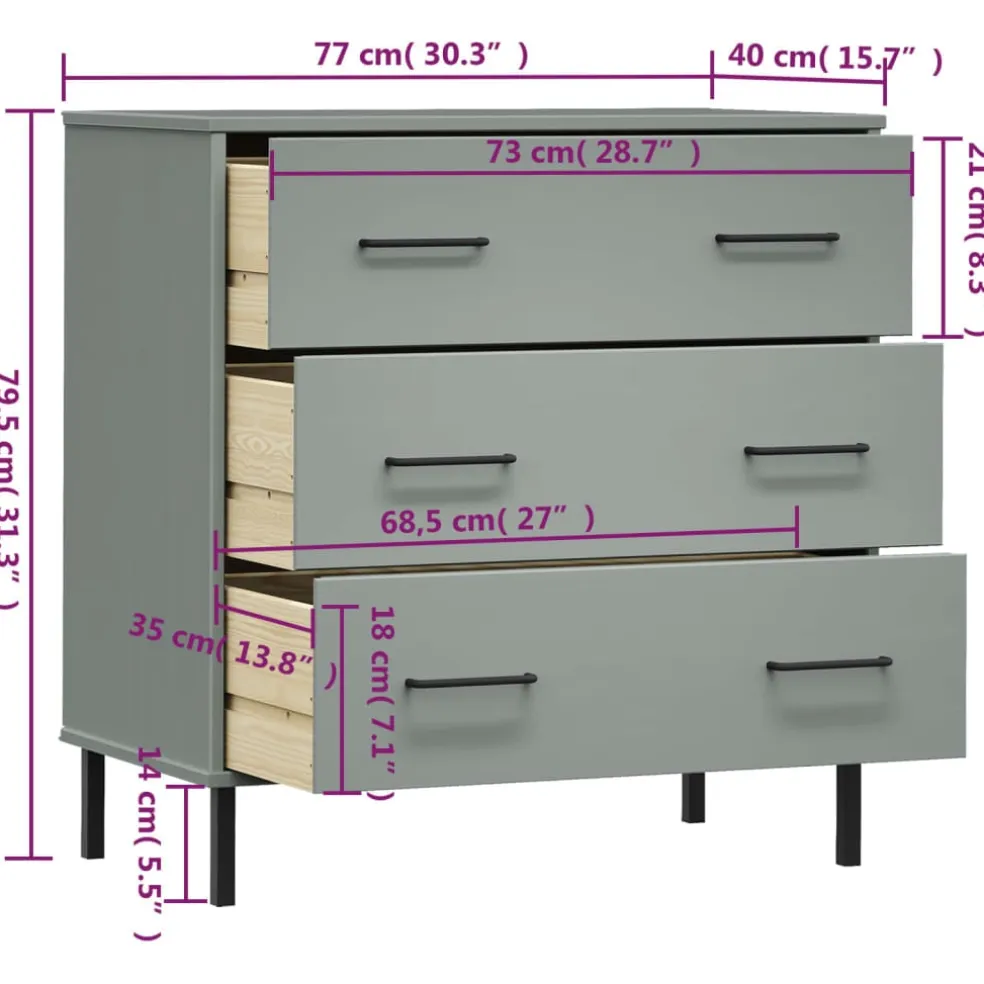 vidaXL Dressoir met 3 lades OSLO 77x40x79,5 cm massief hout grijs
