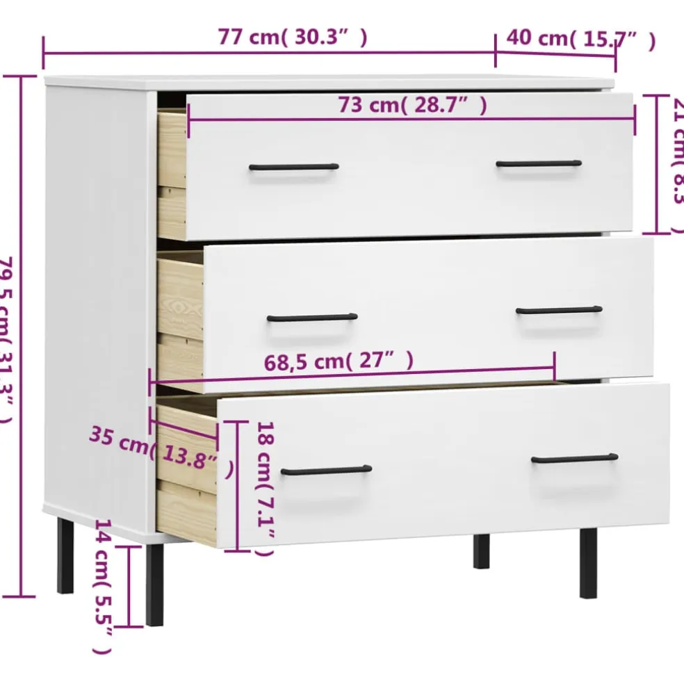 vidaXL Dressoir met 3 lades OSLO 77x40x79,5 cm massief hout wit