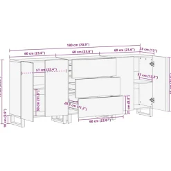 vidaXL Dressoir set 3 st Bruin 180 x 33 x 75 cm Massief Mango Hout