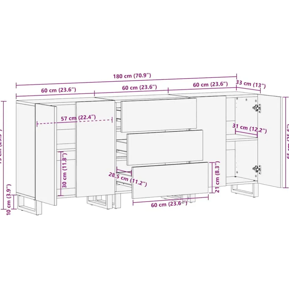 vidaXL Dressoir set 3 st Bruin 180 x 33 x 75 cm Massief Mango Hout