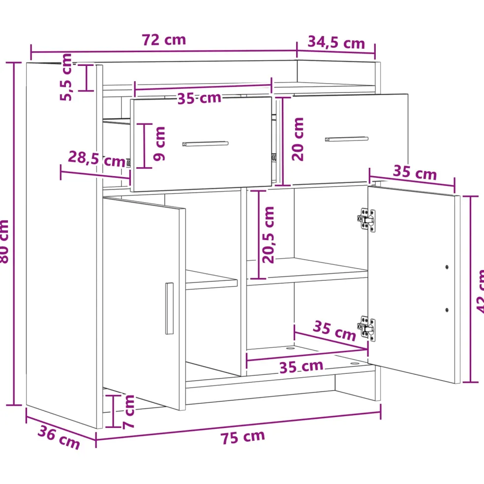 vidaXL Dressoir Sonoma Eiken 75 x 36 x 80 cm Bewerkt hout