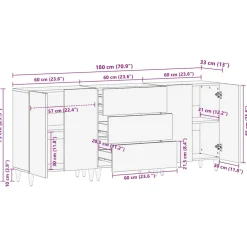 vidaXL Dressoir 3 st 180 x 33,5 x 75 cm massief mangohout Wit