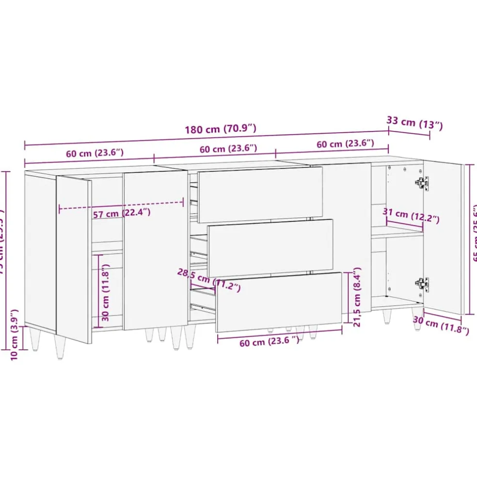 vidaXL Dressoir 3 st 180 x 33,5 x 75 cm massief mangohout Wit