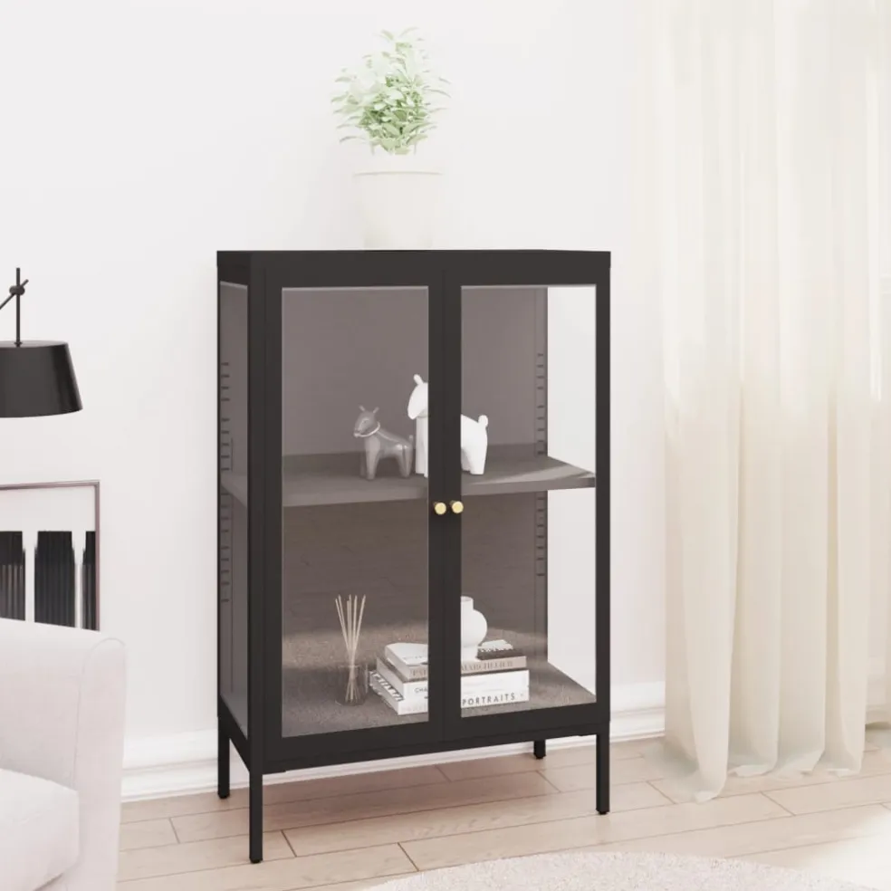 vidaXL Dressoir 75x35x105 cm staal en glas zwart
