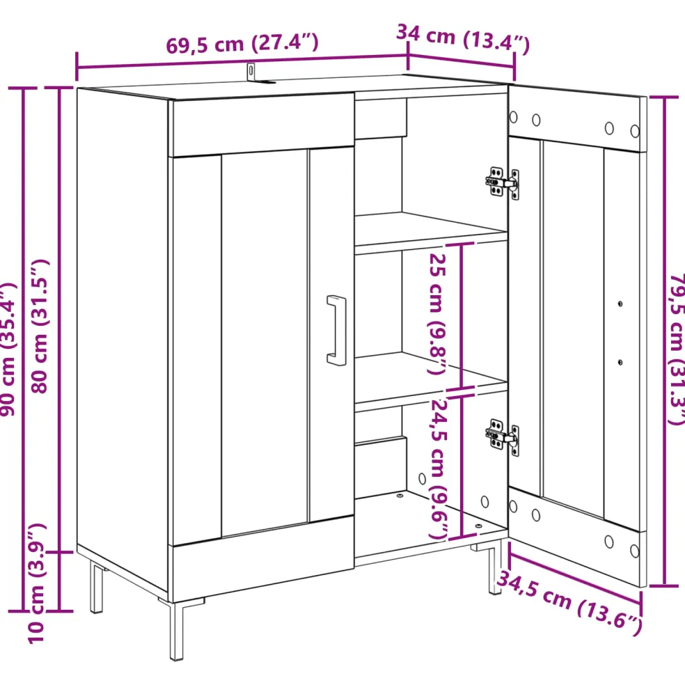vidaXL Dressoir Zwart Eiken 69,5 x 34 x 90 cm Gemonteerd hout en ijzer