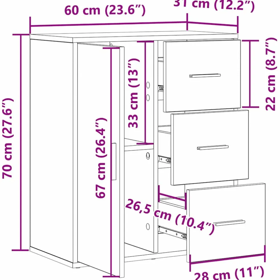vidaXL Dressoir Zwart Eiken 60 x 31 x 70 cm Bewerkt hout