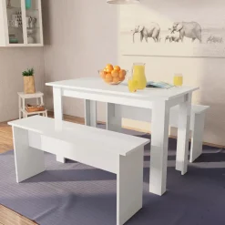 vidaXL Eettafel en banken 3 st bewerkt hout wit