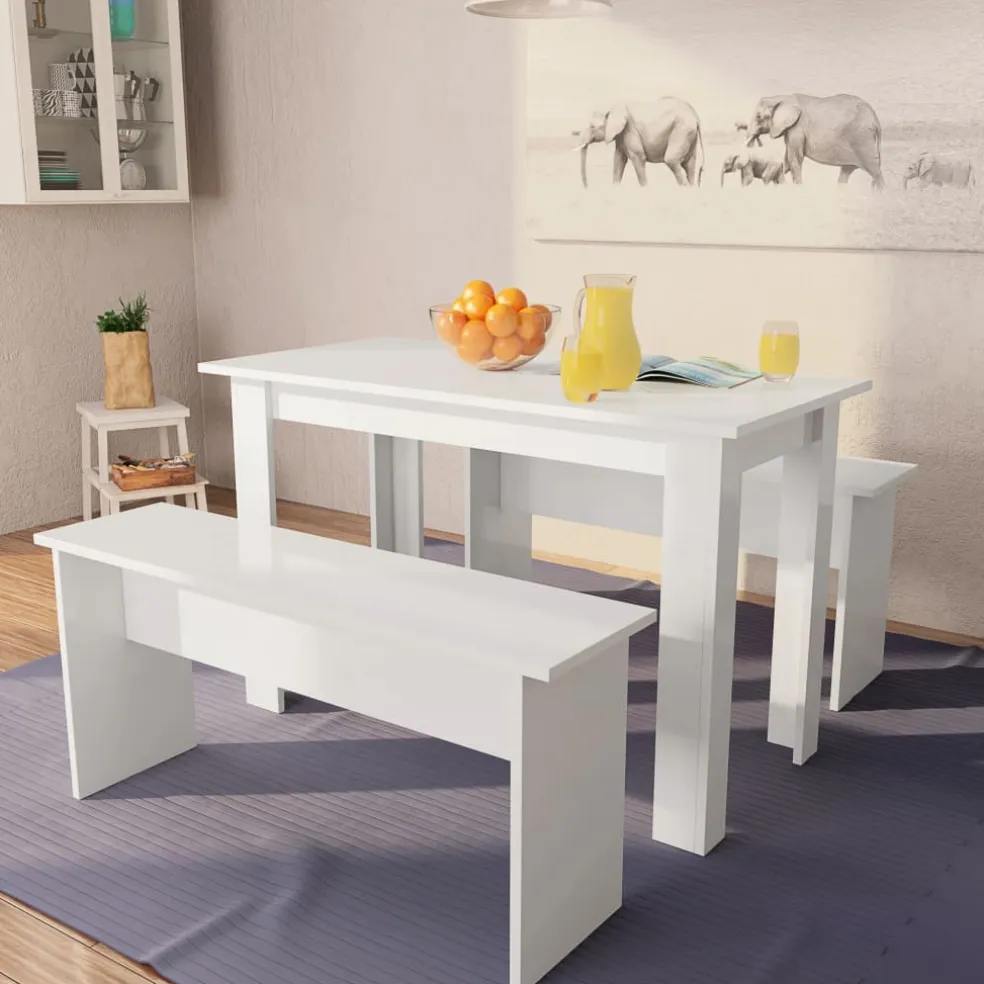 vidaXL Eettafel en banken 3 st bewerkt hout wit